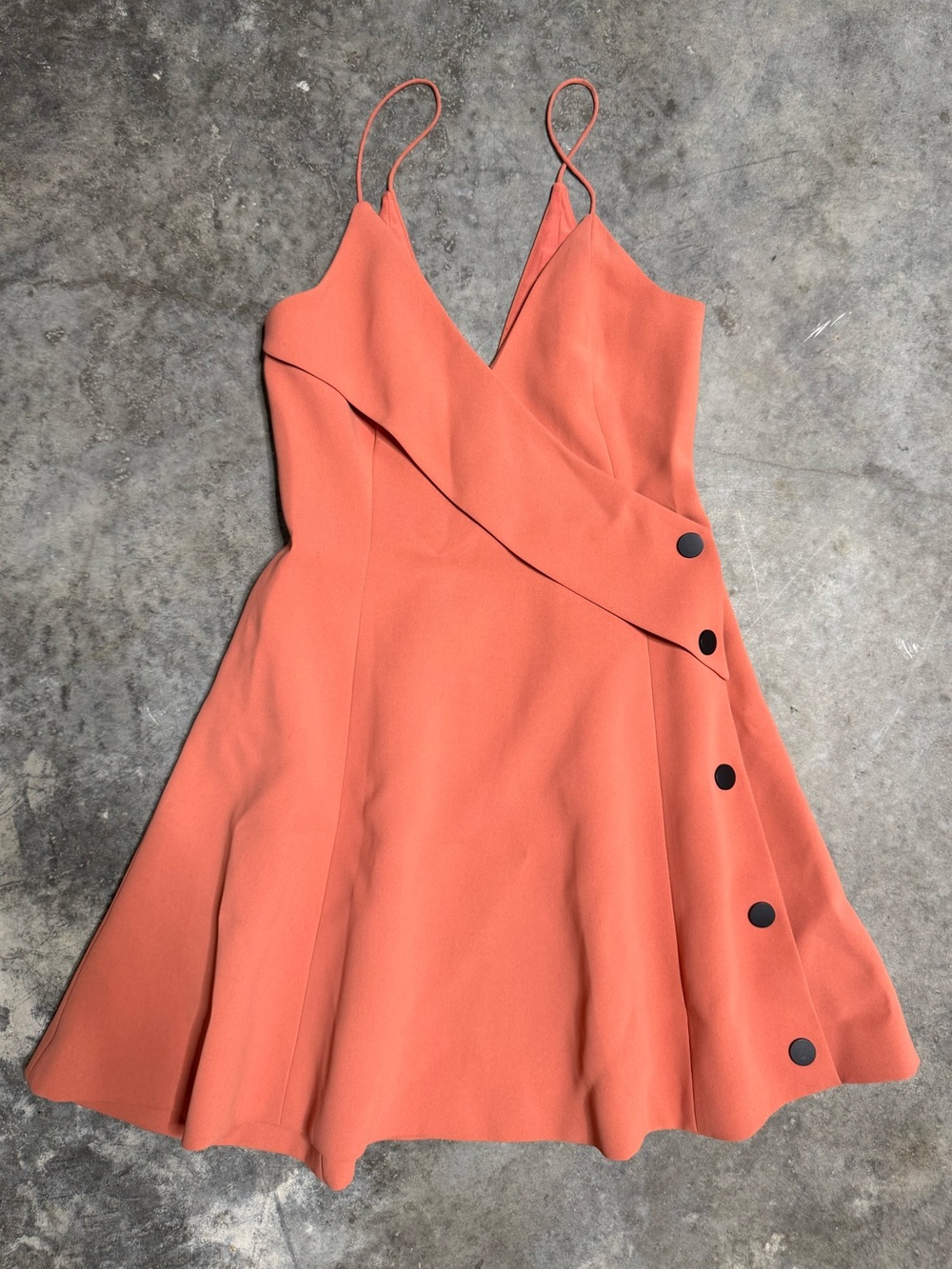 C/MEO Collective Coral-Orange Wrap Mini Dress with Button Detail